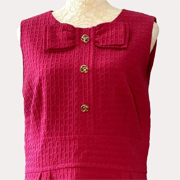 Eliza J New York Textured Woven Sheath Dress Bow Gold Button Pink S M? - Picture 2 of 9